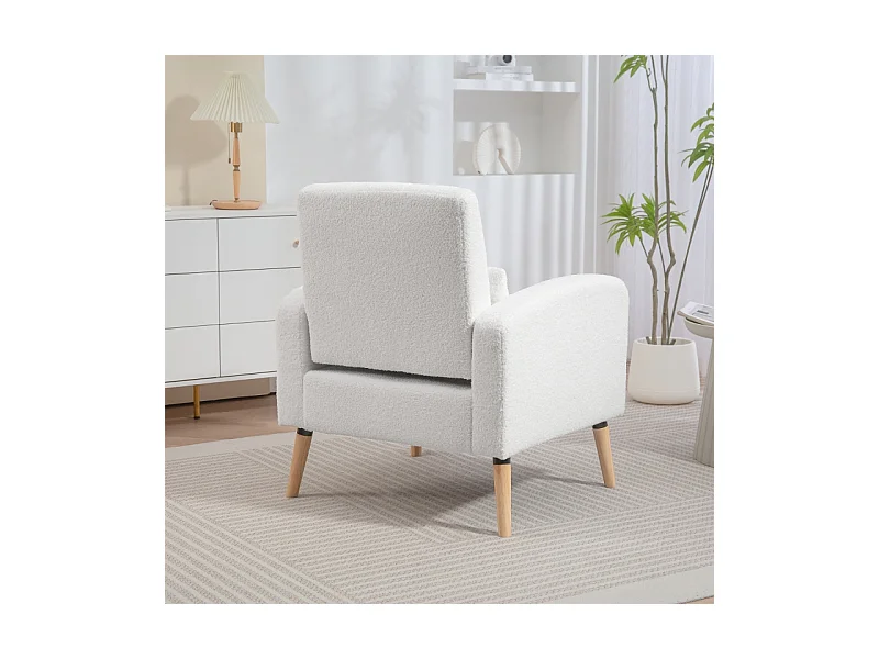 Fauteuil lounge avec coussin lombaire, rembourré, tissu polaire, pieds en bois, blanc (76x74x89.5cm)