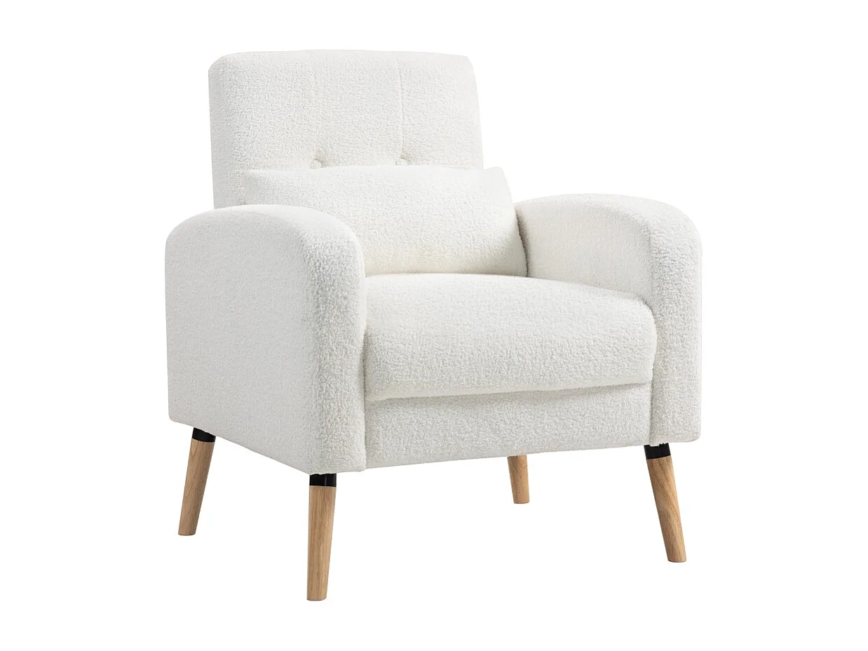 Fauteuil lounge avec coussin lombaire, rembourré, tissu polaire, pieds en bois, blanc (76x74x89.5cm)