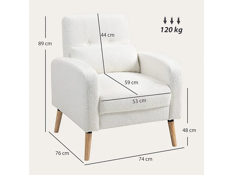 Fauteuil lounge avec coussin lombaire, rembourré, tissu polaire, pieds en bois, blanc (76x74x89.5cm)