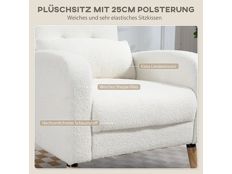 Fauteuil lounge avec coussin lombaire, rembourré, tissu polaire, pieds en bois, blanc (76x74x89.5cm)