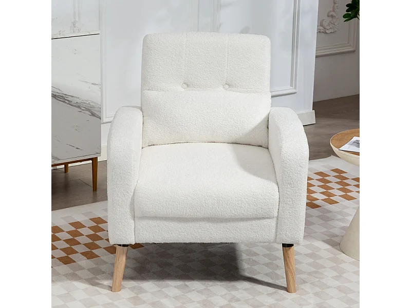 Fauteuil lounge avec coussin lombaire, rembourré, tissu polaire, pieds en bois, blanc (76x74x89.5cm)