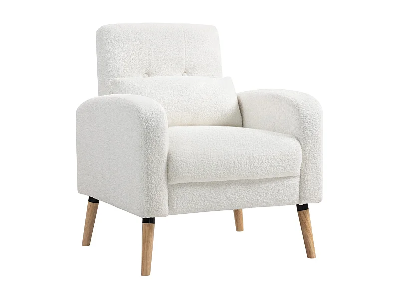 Fauteuil lounge avec coussin lombaire, rembourré, tissu polaire, pieds en bois, blanc (76x74x89.5cm)