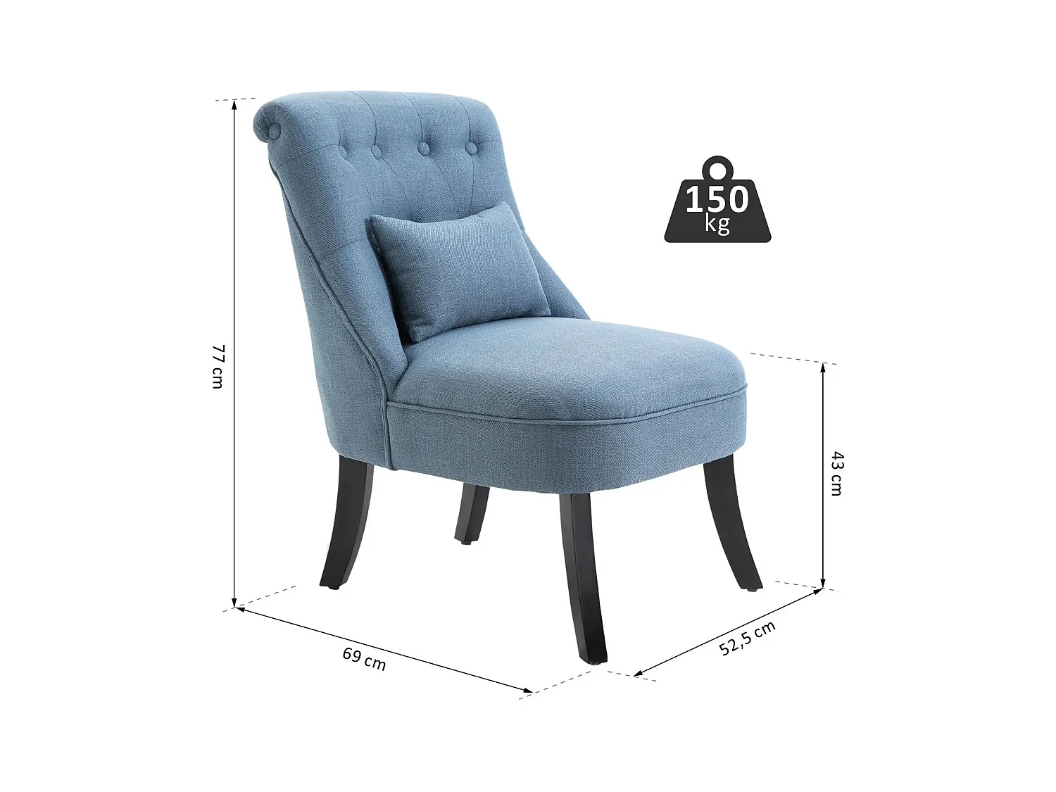 Fauteuil relax avec coussin lombaire, pieds surélevés, lin, bleu (52.5x69x77cm)