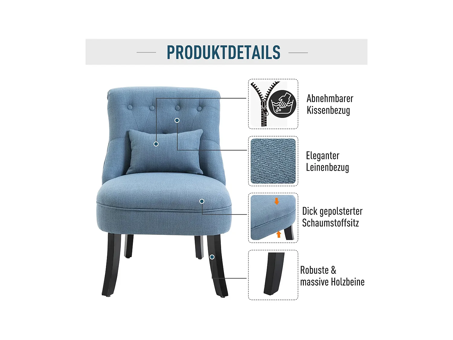 Fauteuil relax avec coussin lombaire, pieds surélevés, lin, bleu (52.5x69x77cm)