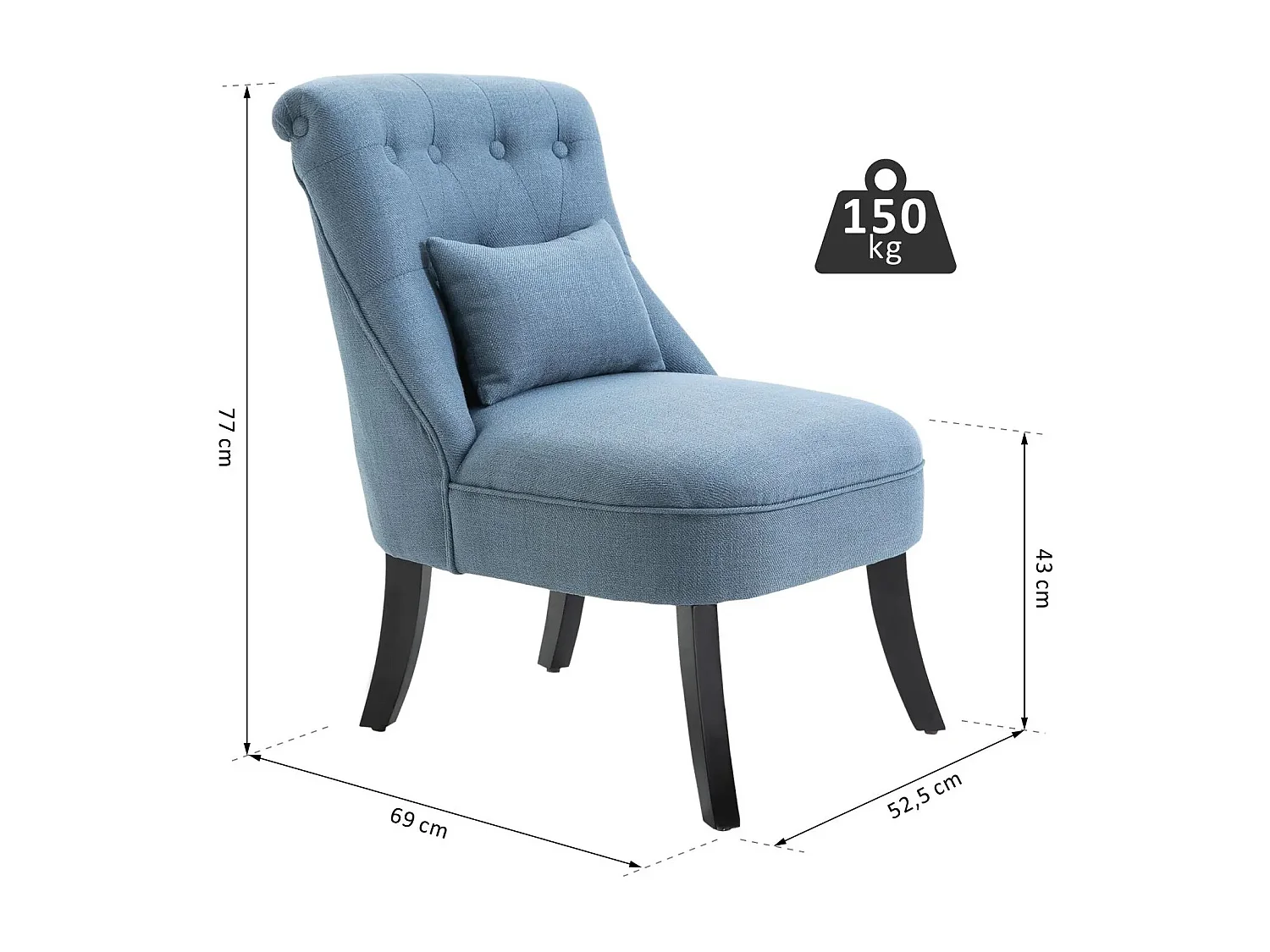 Fauteuil relax avec coussin lombaire, pieds surélevés, lin, bleu (52.5x69x77cm)