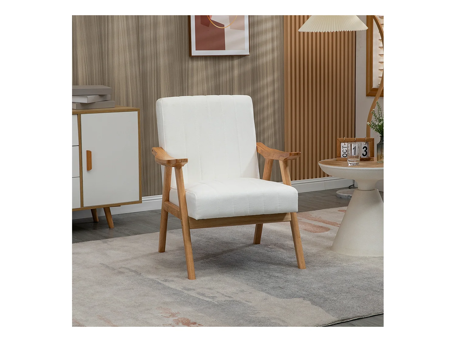 Fauteuil lounge avec accoudoirs, design scandinave, tissu velours, crème (68x74x82 cm)