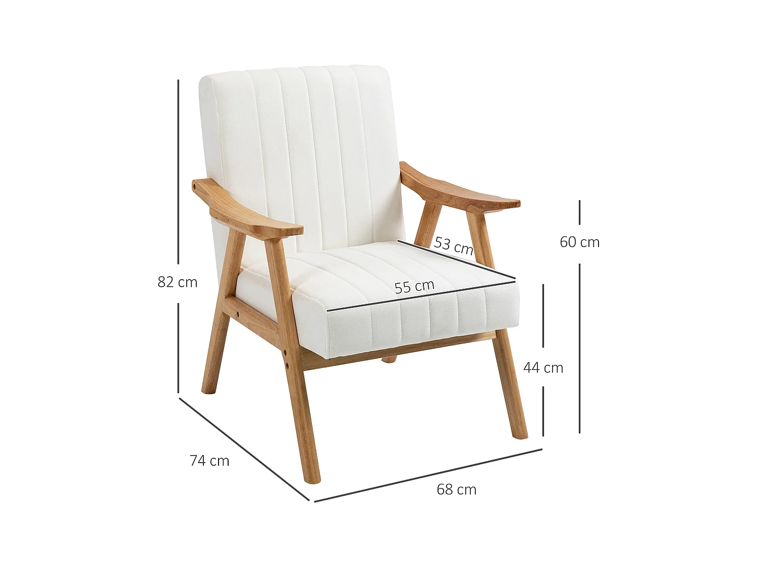 Fauteuil lounge avec accoudoirs, design scandinave, tissu velours, crème (68x74x82 cm)