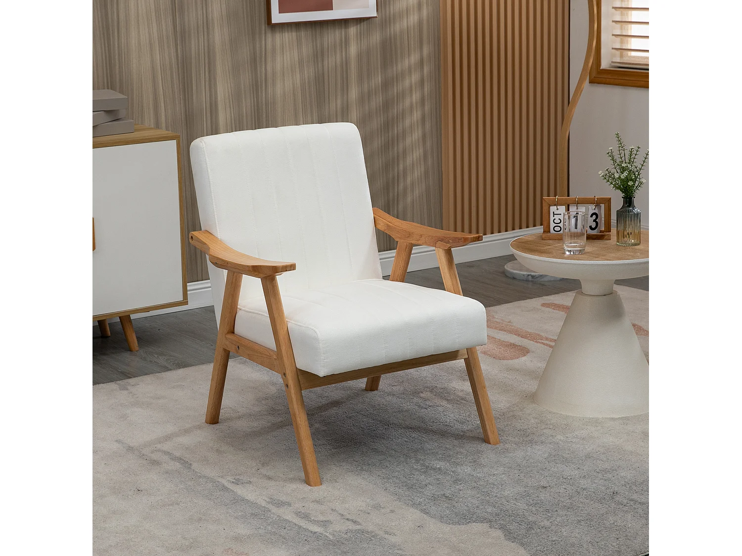Fauteuil lounge avec accoudoirs, design scandinave, tissu velours, crème (68x74x82 cm)