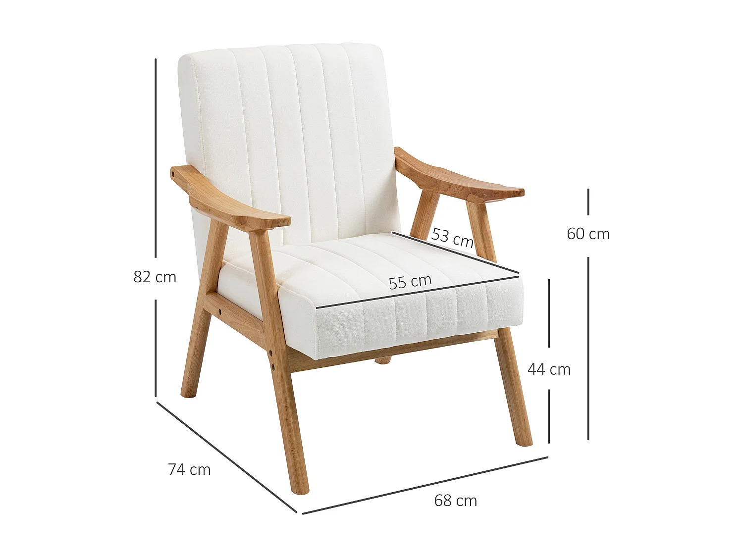 Fauteuil lounge avec accoudoirs, design scandinave, tissu velours, crème (68x74x82 cm)