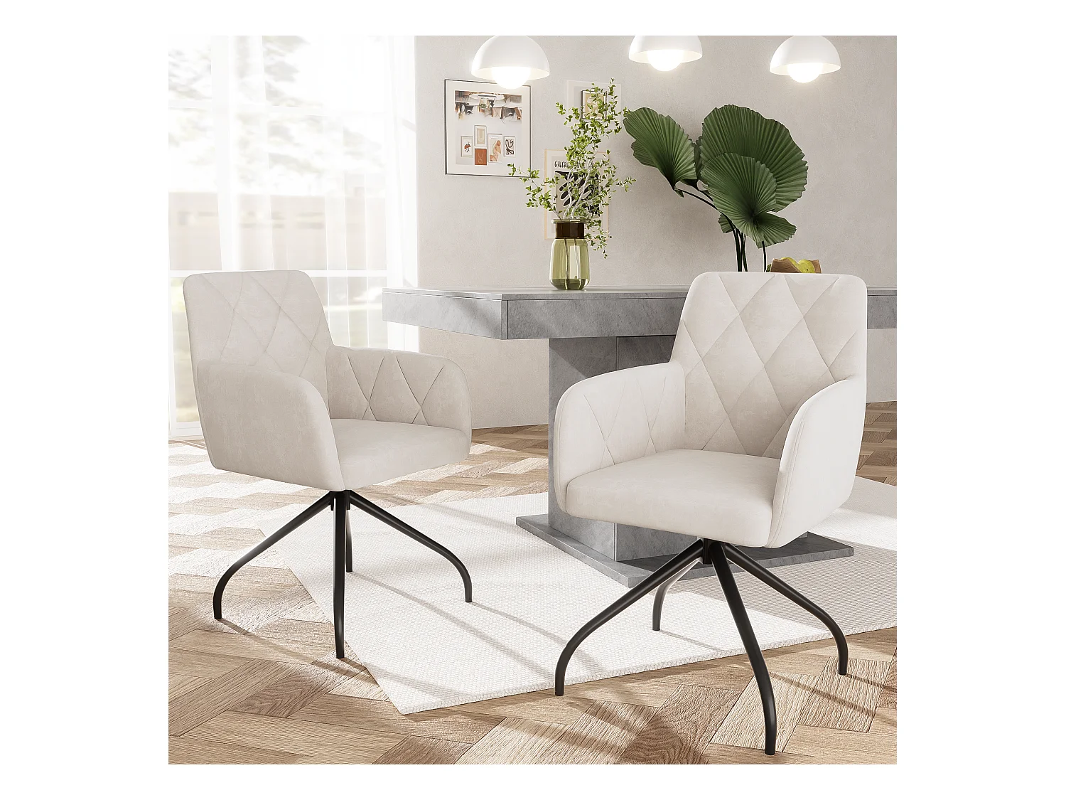 360° draaibare eetkamerstoelen, 4 metalen poten, fluwelen rugleuning, beige