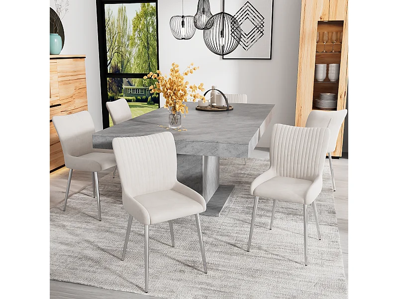 Set di sedie da pranzo in velluto, 6 pezzi, design di lusso, con supporto lombare e gambe in metallo argentato, beige