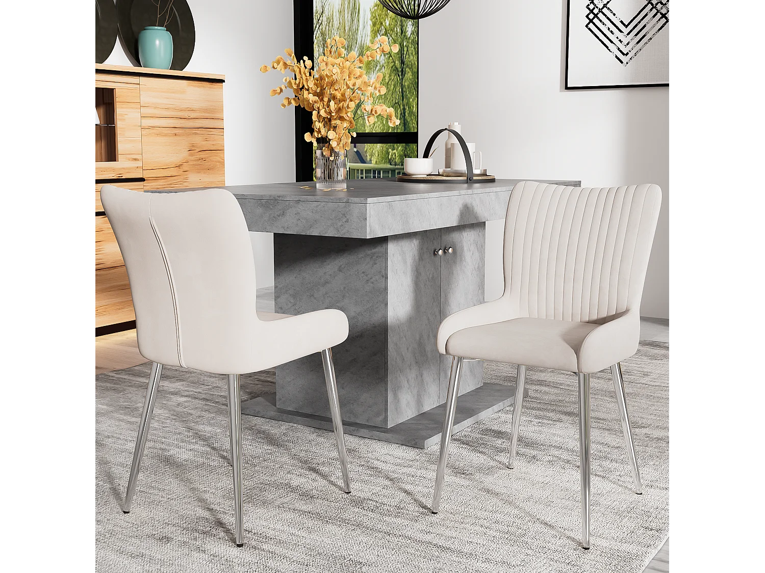 Chaise de Salle à Manger en Velours, 6 pièces, design luxueux, avec soutien lombaire et pieds métalliques argentés, Beige