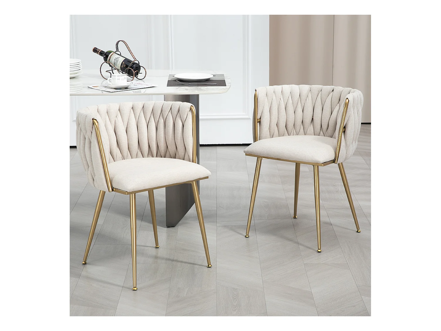 Chaise de Salle à Manger Moderne, Design Élégant, Lin et Mousse, Pieds en Métal Doré (54x52x73 cm)