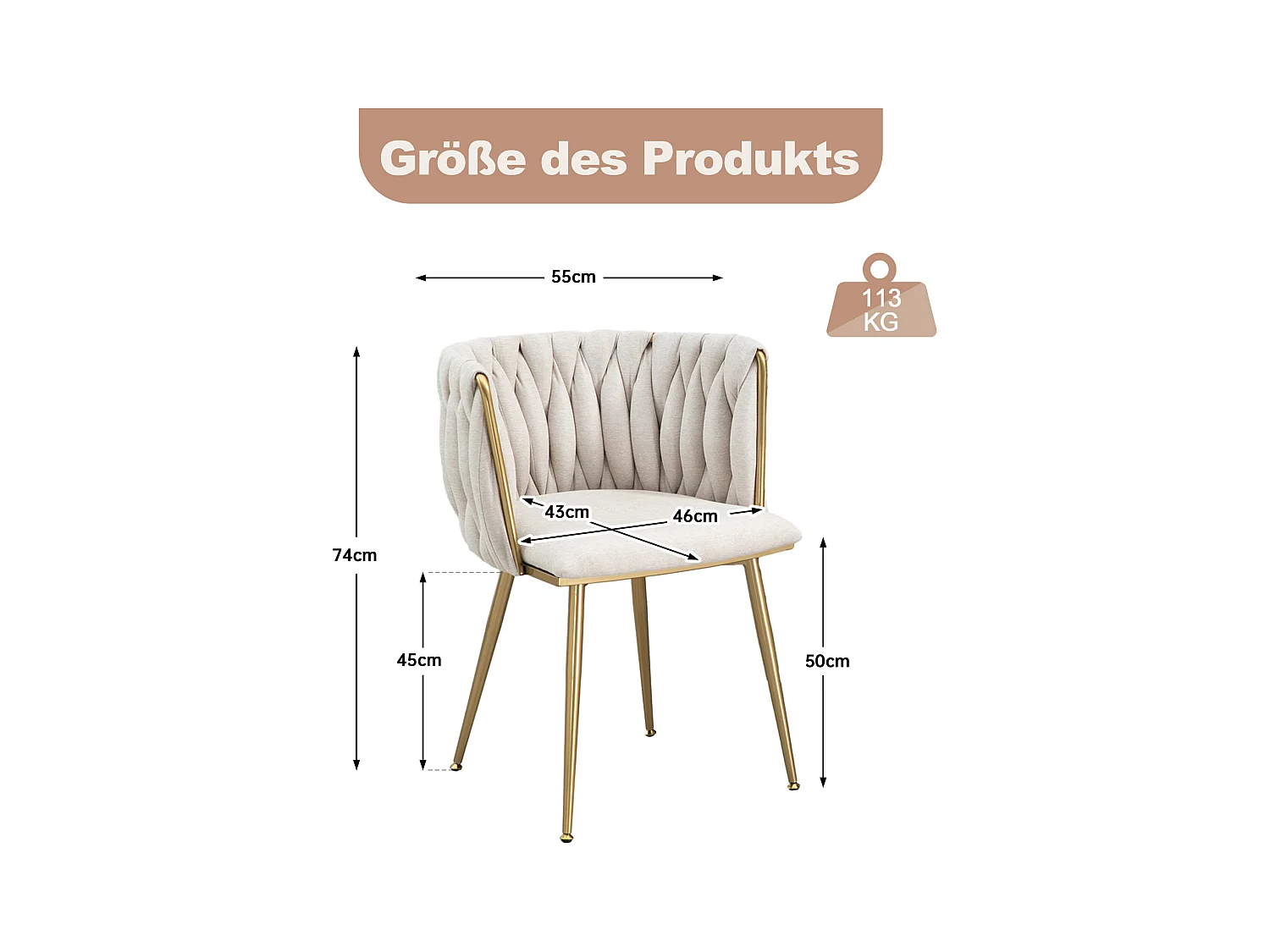 Chaise de Salle à Manger Moderne, Design Élégant, Lin et Mousse, Pieds en Métal Doré (54x52x73 cm)