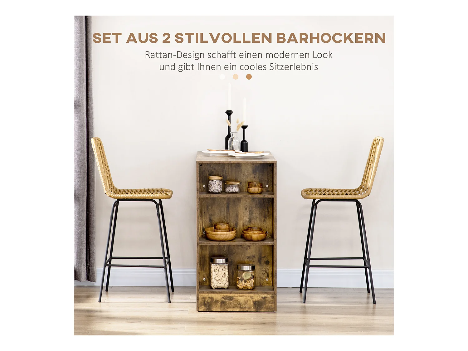 Tabouret de bar, design Boho, avec dossier, PE-rattan, pieds en métal, jaune et noir (42.5x52x102 cm)