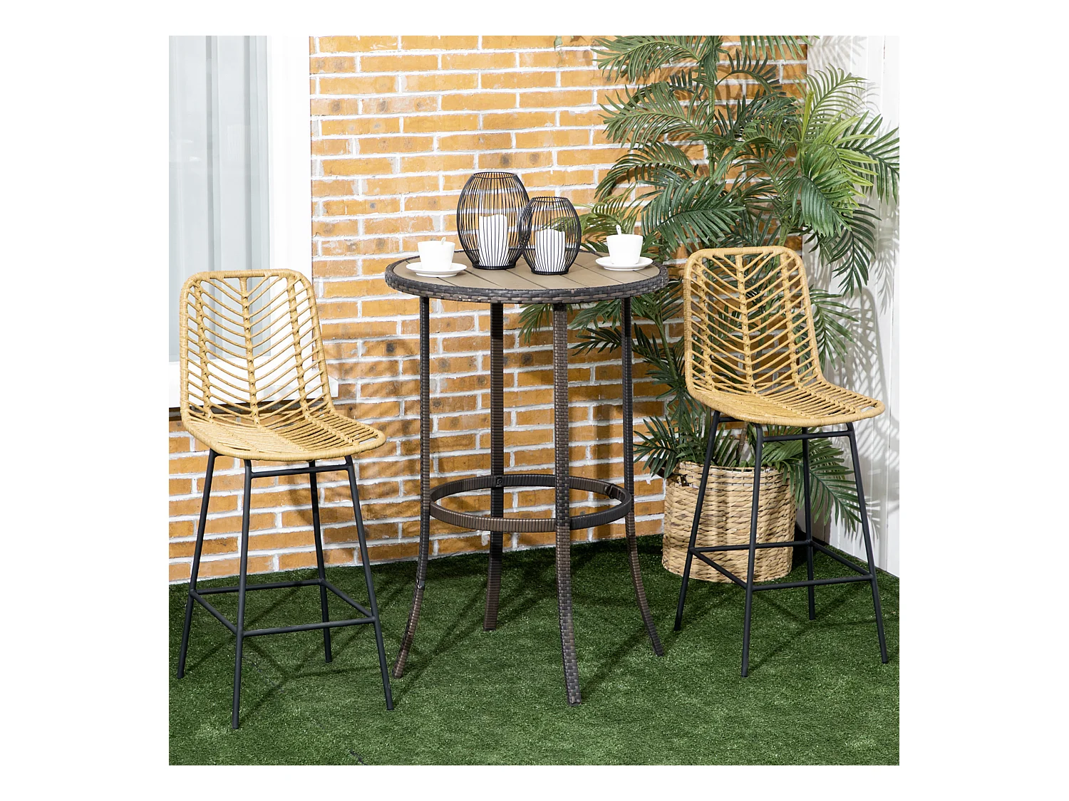 Tabouret de bar, design Boho, avec dossier, PE-rattan, pieds en métal, jaune et noir (42.5x52x102 cm)
