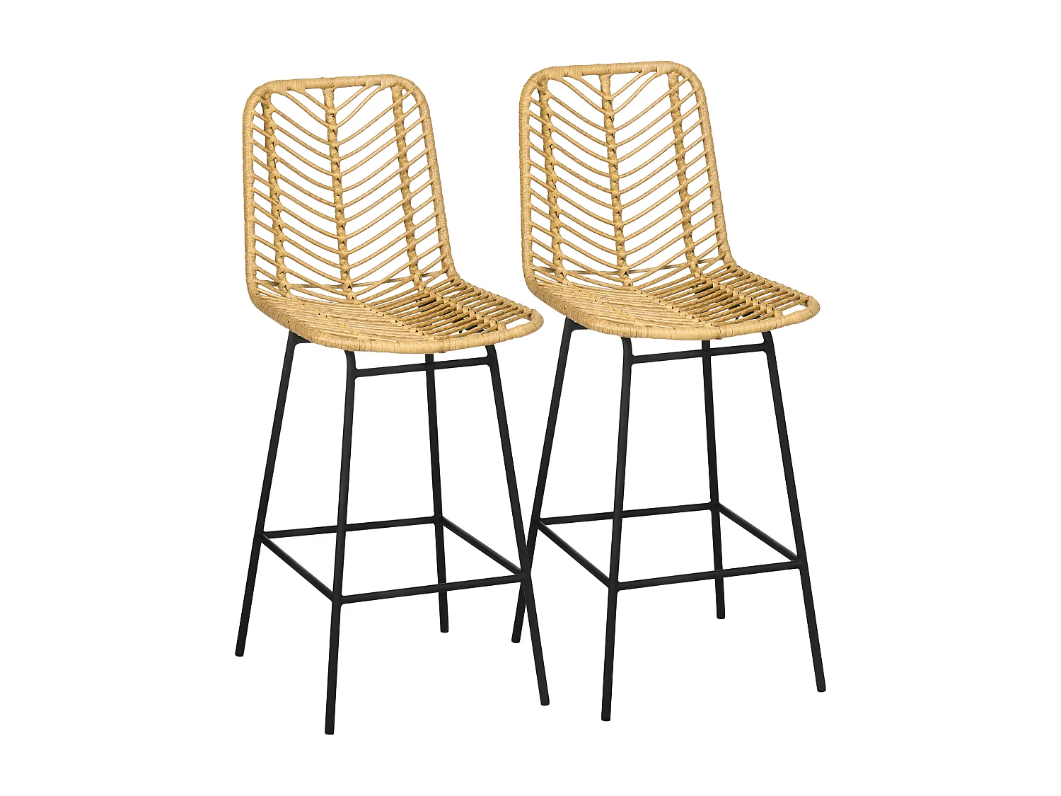 Tabouret de bar, design Boho, avec dossier, PE-rattan, pieds en métal, jaune et noir (42.5x52x102 cm)