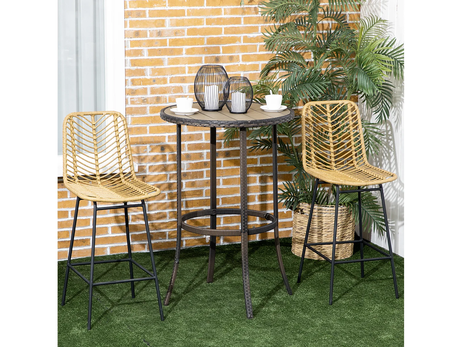 Tabouret de bar, design Boho, avec dossier, PE-rattan, pieds en métal, jaune et noir (42.5x52x102 cm)