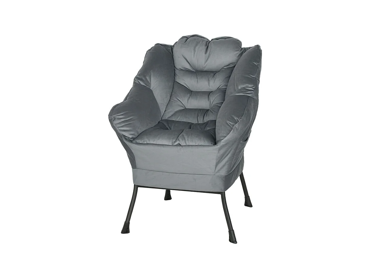 Fauteuil lounge rembourré, velours, pieds acier, avec poche latérale, gris, confortable et moderne (80x78x100cm)
