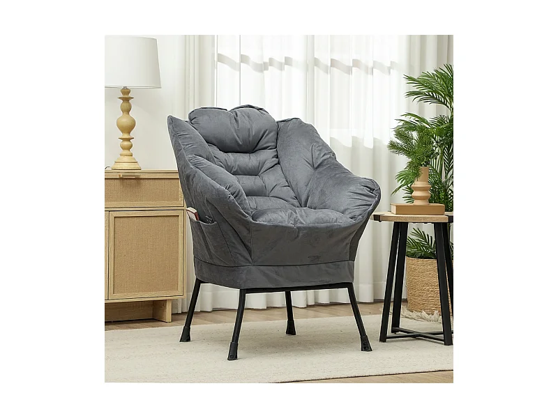 Fauteuil lounge rembourré, velours, pieds acier, avec poche latérale, gris, confortable et moderne (80x78x100cm)