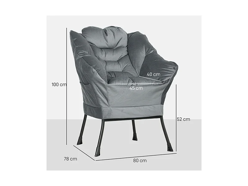 Fauteuil lounge rembourré, velours, pieds acier, avec poche latérale, gris, confortable et moderne (80x78x100cm)
