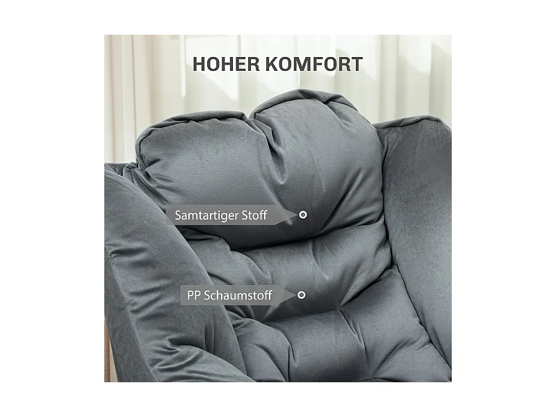 Fauteuil lounge rembourré, velours, pieds acier, avec poche latérale, gris, confortable et moderne (80x78x100cm)