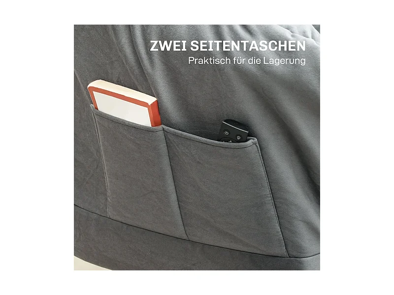 Fauteuil lounge rembourré, velours, pieds acier, avec poche latérale, gris, confortable et moderne (80x78x100cm)