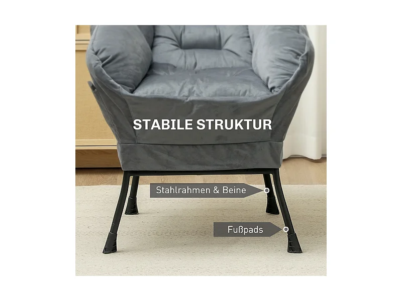 Fauteuil lounge rembourré, velours, pieds acier, avec poche latérale, gris, confortable et moderne (80x78x100cm)