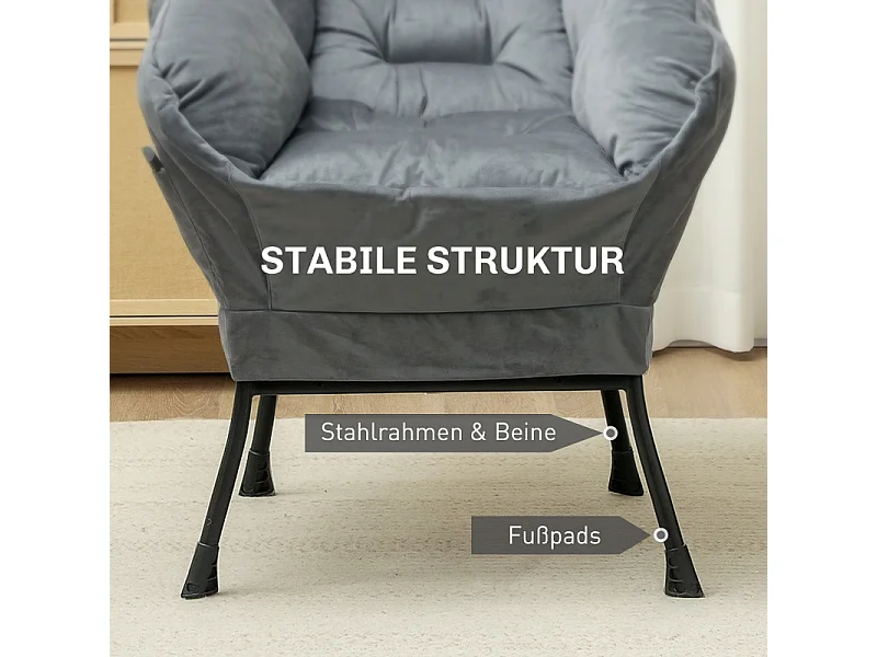 Fauteuil lounge rembourré, velours, pieds acier, avec poche latérale, gris, confortable et moderne (80x78x100cm)
