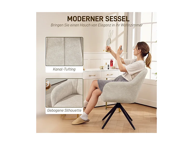 Fauteuil pivotant avec dossier capitonné, revêtement en velours, pieds en métal, beige (63x56x86 cm)