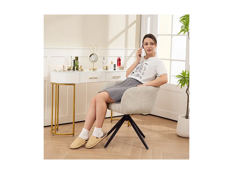 Fauteuil pivotant avec dossier capitonné, revêtement en velours, pieds en métal, beige (63x56x86 cm)