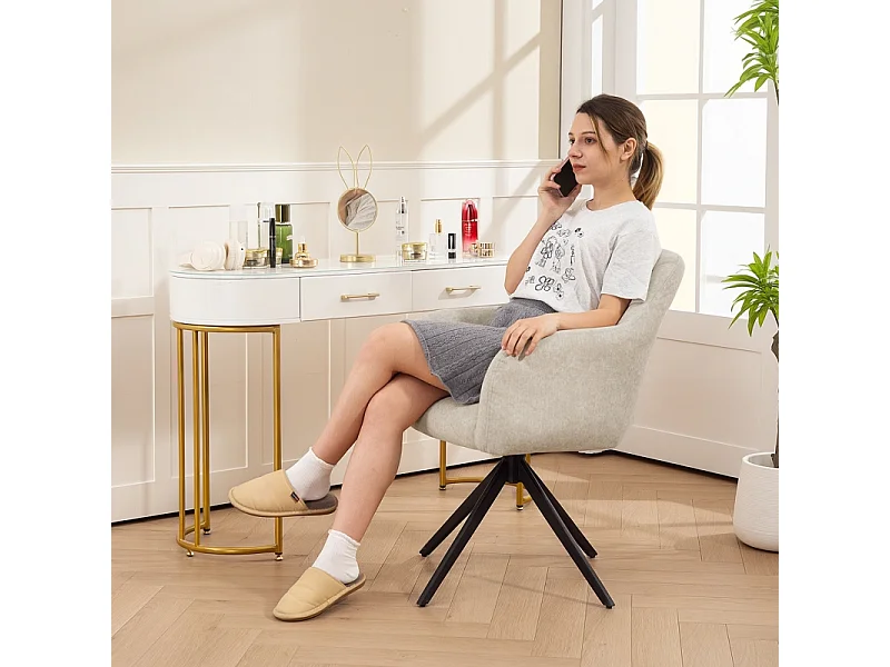 Fauteuil pivotant avec dossier capitonné, revêtement en velours, pieds en métal, beige (63x56x86 cm)