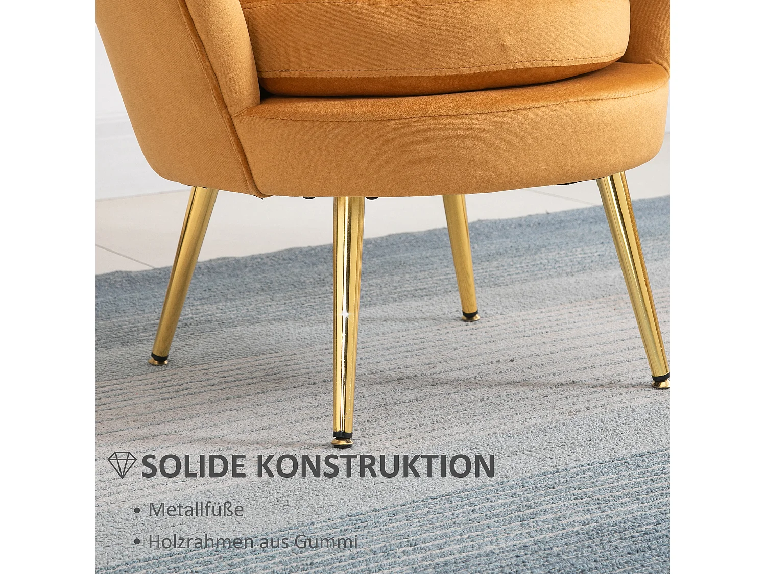 Fauteuil lounge sans accoudoirs, tissu velours, pieds métalliques, design élégant, pour salon ou chambre (76x67x74 cm)