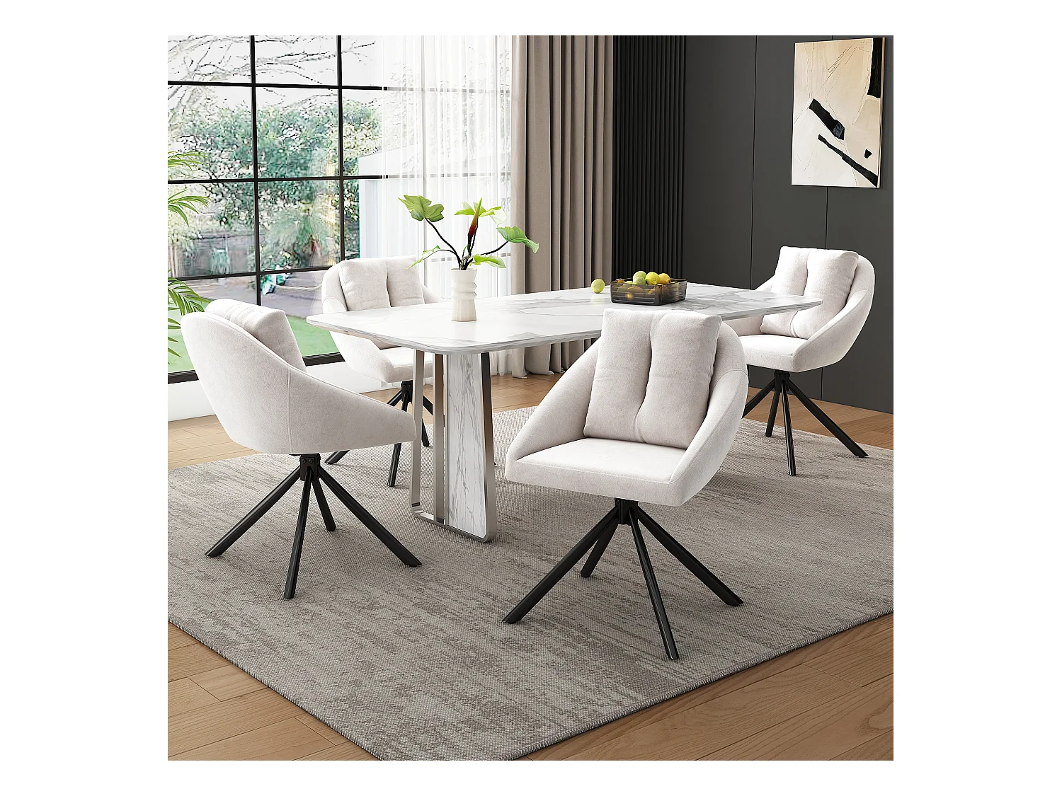 Moderne beige fluwelen eetkamerstoel, elegante en comfortabele draaibare fauteuil, ademend fluwelen stof (72,39 x 62,23 x 49,53 cm)