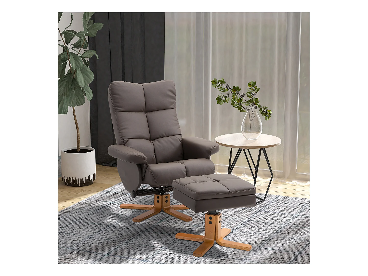 Fauteuil relax avec repose-pieds et rangement, fonction inclinable, structure bois et PU, marron (80x86x99cm)