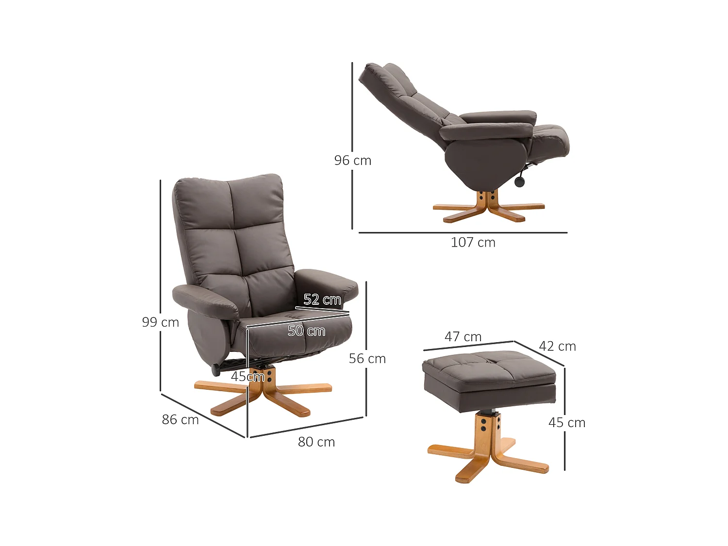 Fauteuil relax avec repose-pieds et rangement, fonction inclinable, structure bois et PU, marron (80x86x99cm)