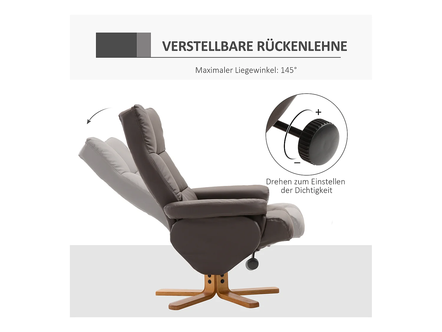 Fauteuil relax avec repose-pieds et rangement, fonction inclinable, structure bois et PU, marron (80x86x99cm)