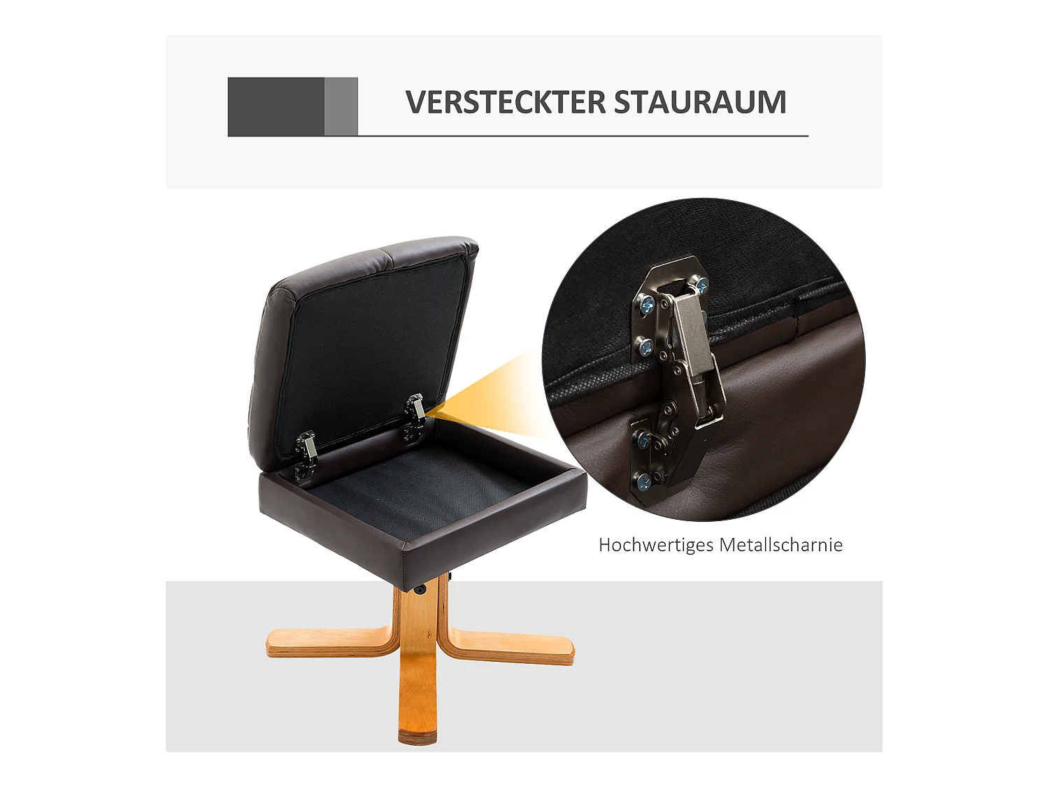 Fauteuil relax avec repose-pieds et rangement, fonction inclinable, structure bois et PU, marron (80x86x99cm)