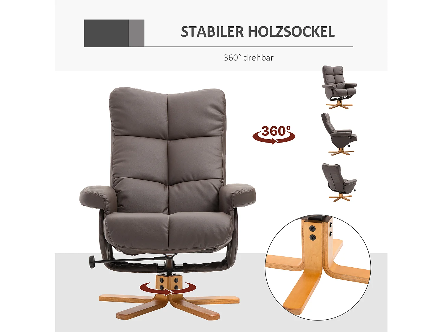 Fauteuil relax avec repose-pieds et rangement, fonction inclinable, structure bois et PU, marron (80x86x99cm)