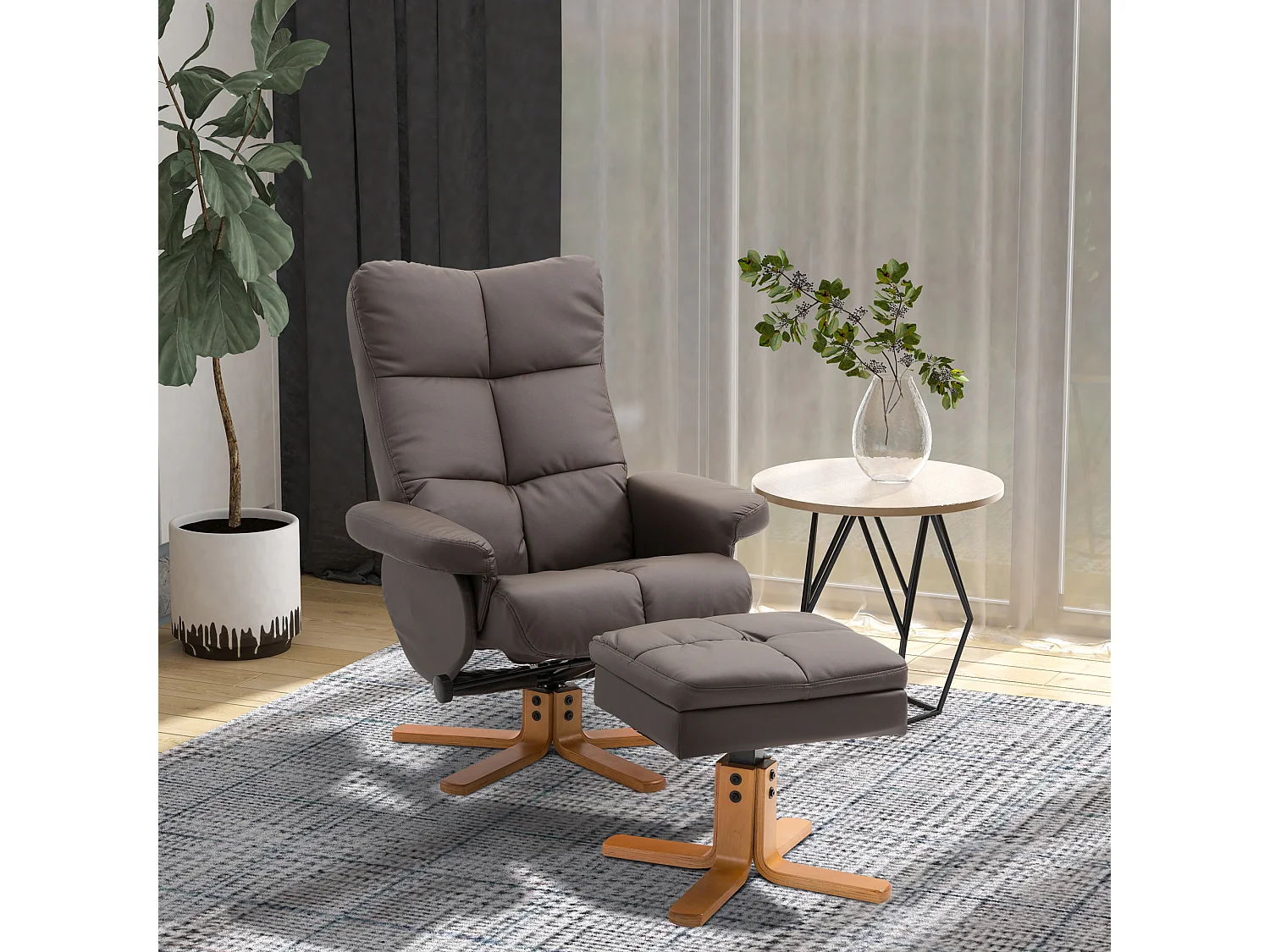 Poltrona relax con poggiapiedi e contenitore, funzione reclinabile, struttura in legno e PU, marrone (80x86x99cm)