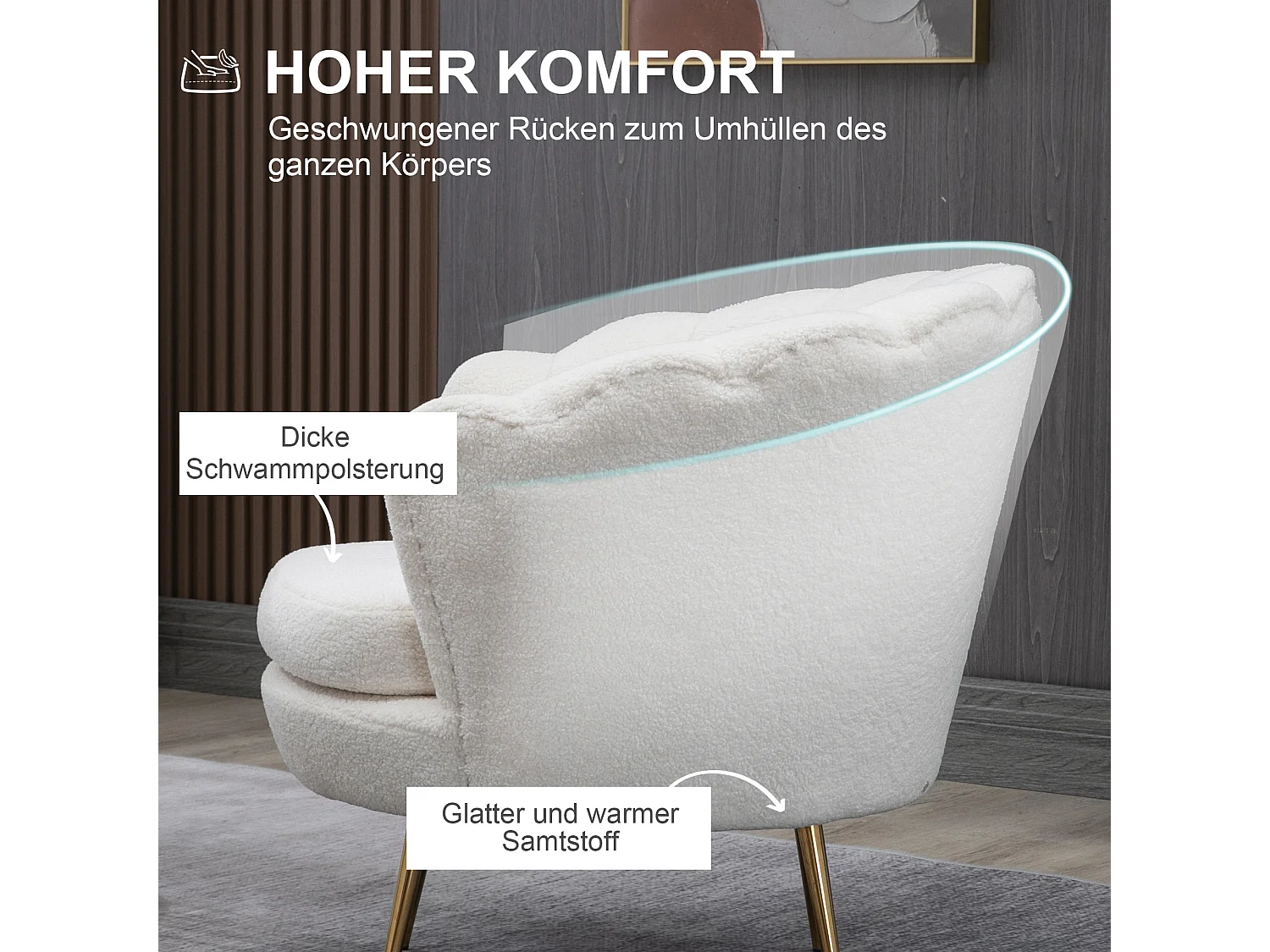 Fauteuil en forme de coquille, design moderne, polyester, blanc (79x77x77 cm)