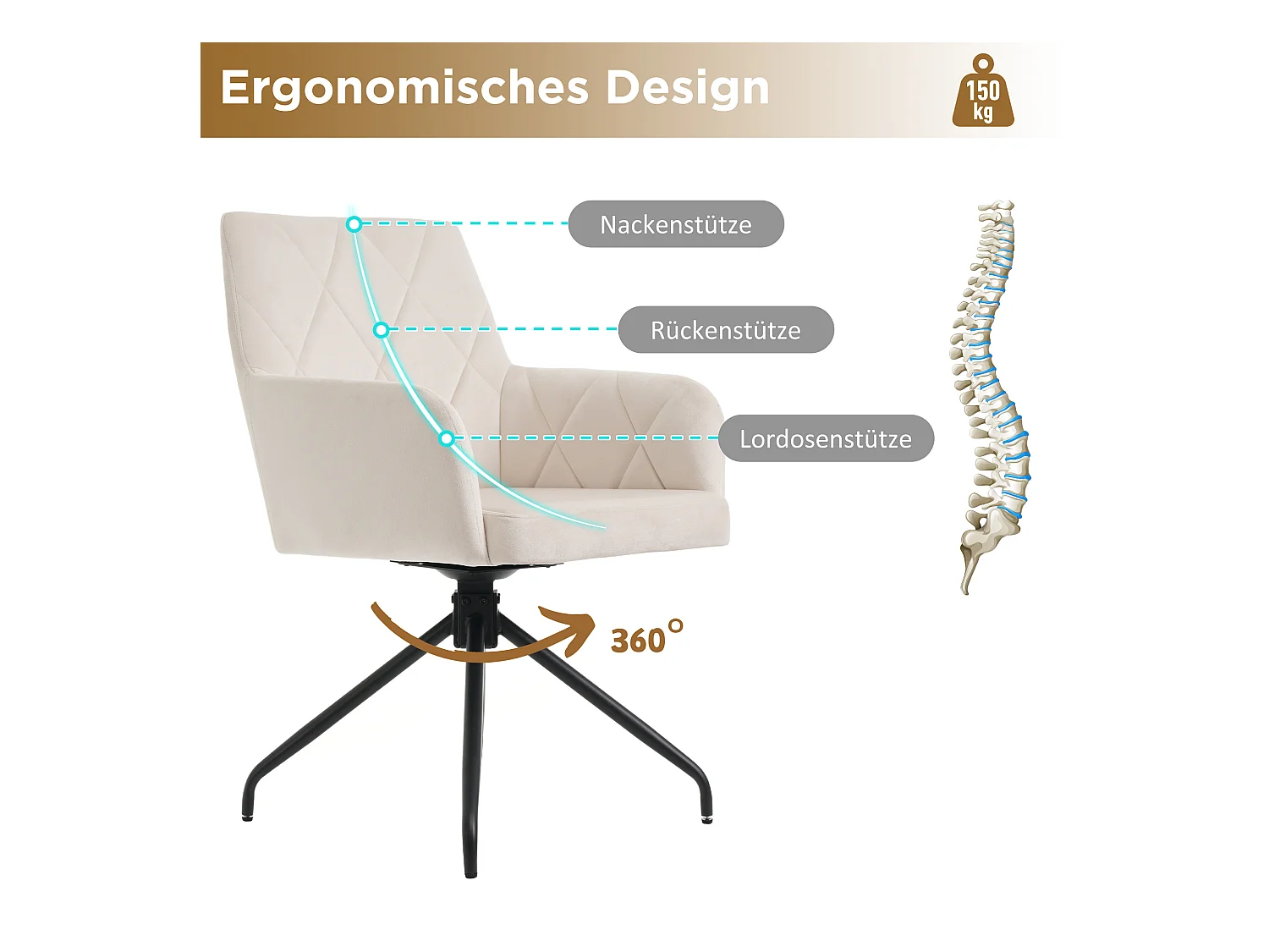 Chaises Pivotantes 360° en Velours, 4 Pieds Métalliques, Dossier Losange, Beige