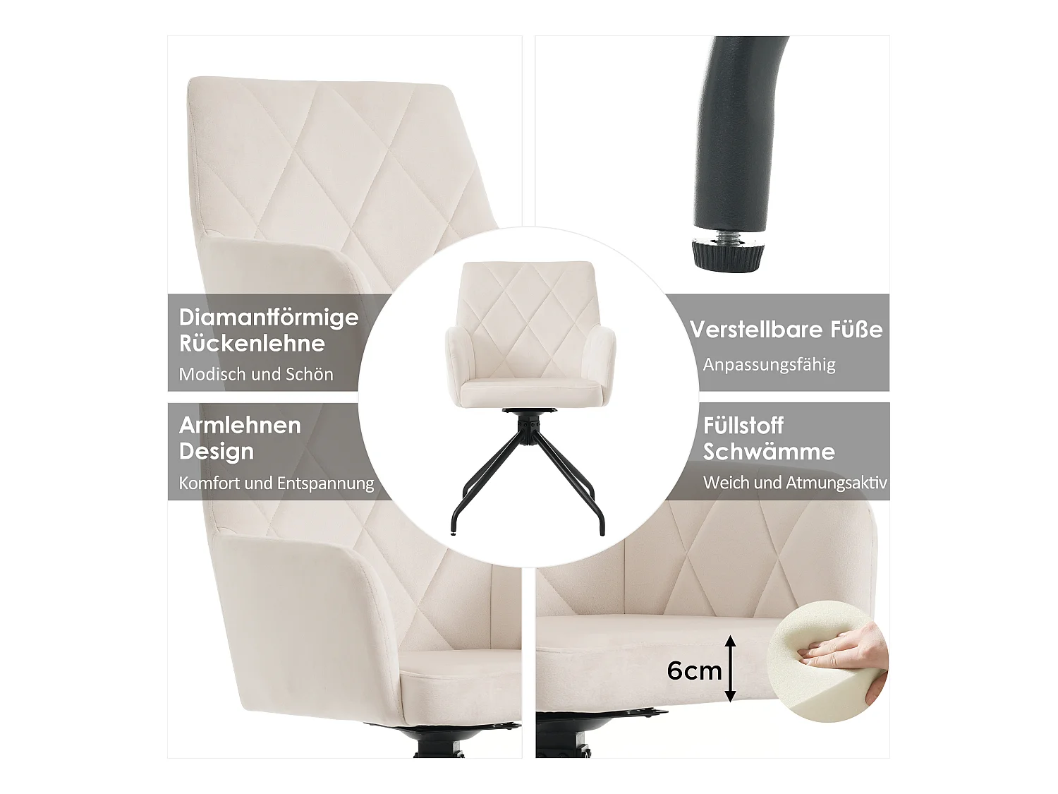 Chaises Pivotantes 360° en Velours, 4 Pieds Métalliques, Dossier Losange, Beige