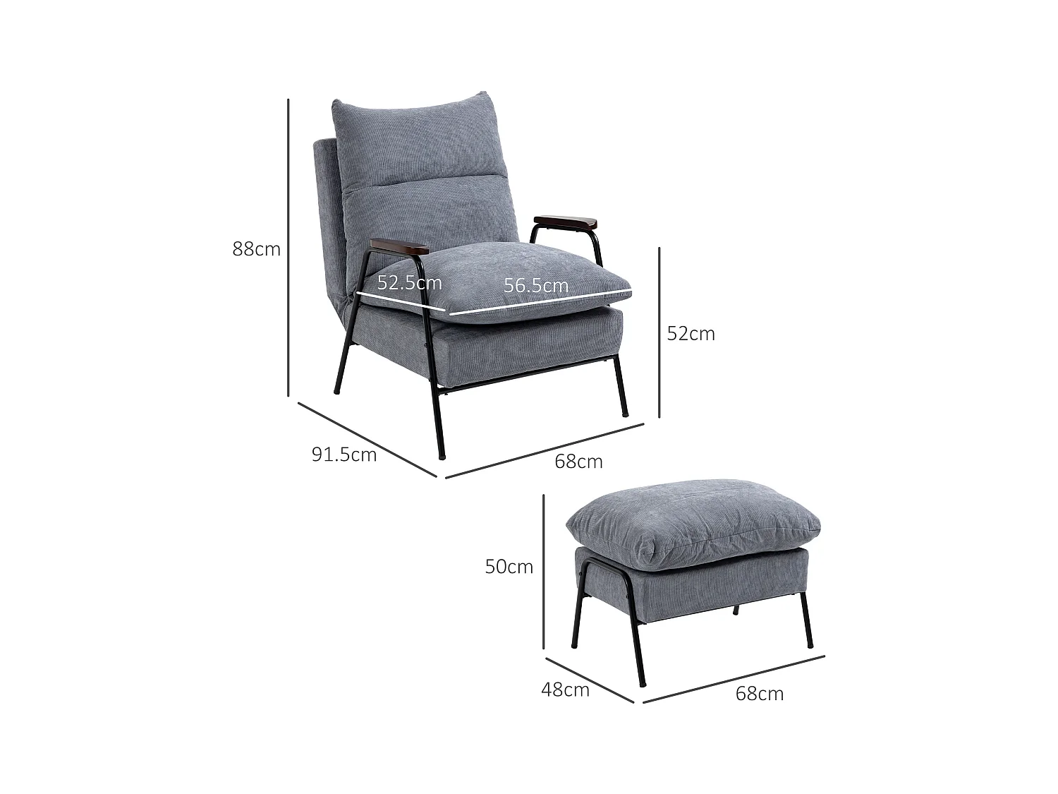 Fauteuil relax avec repose-pieds, dossier inclinable, mousse, gris clair (68x91.5x88cm)
