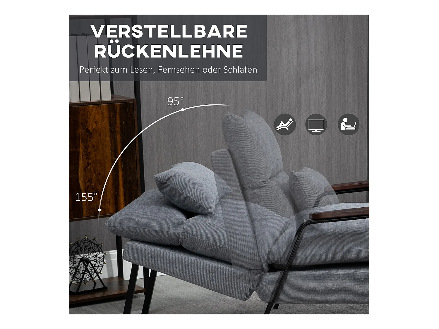 Fauteuil relax avec repose-pieds, dossier inclinable, mousse, gris clair (68x91.5x88cm)