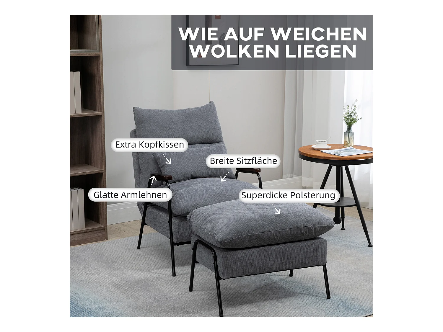 Fauteuil relax avec repose-pieds, dossier inclinable, mousse, gris clair (68x91.5x88cm)