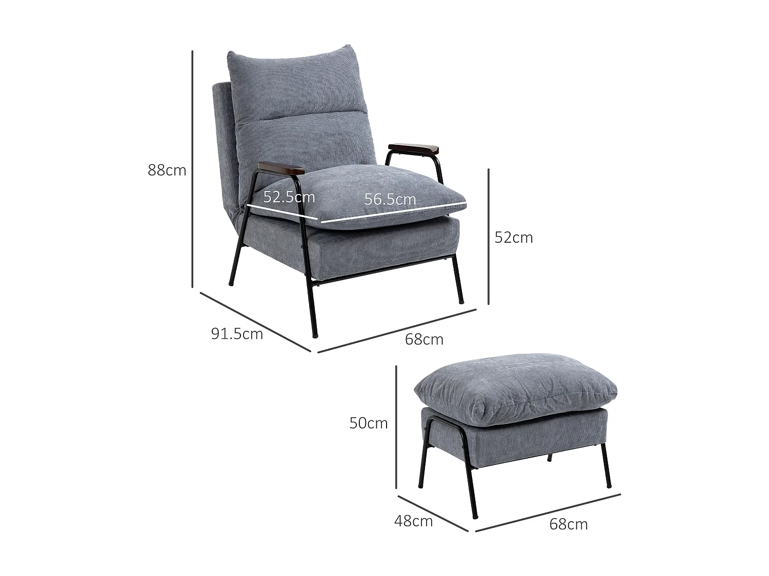 Fauteuil relax avec repose-pieds, dossier inclinable, mousse, gris clair (68x91.5x88cm)