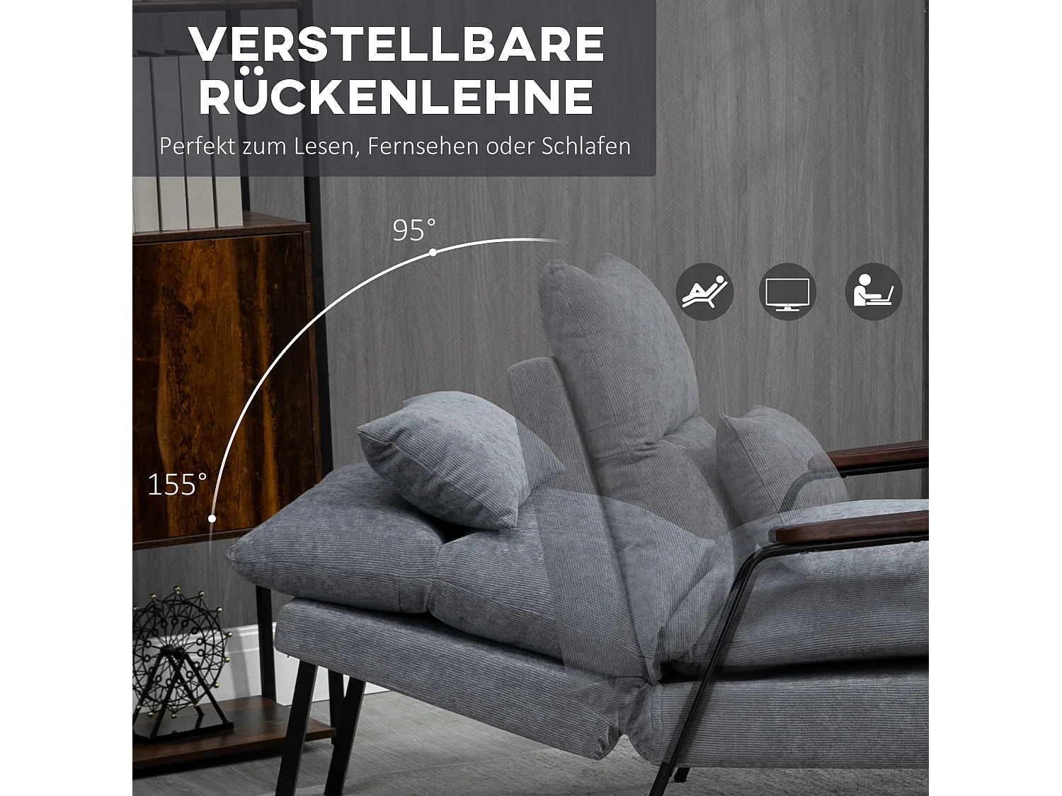Fauteuil relax avec repose-pieds, dossier inclinable, mousse, gris clair (68x91.5x88cm)