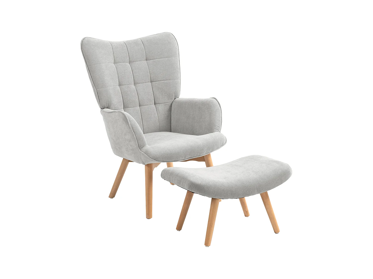 Fauteuil relax avec pouf, design en velours côtelé, bois, gris (80x72x101 cm)