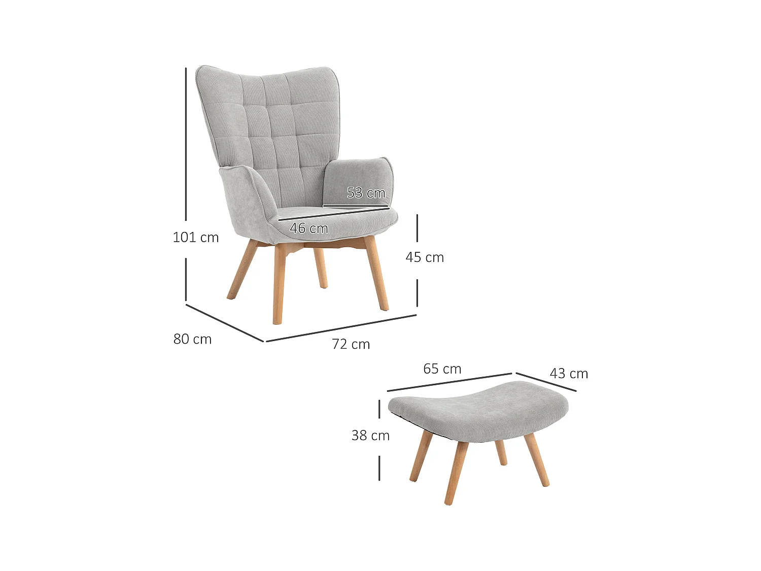 Fauteuil relax avec pouf, design en velours côtelé, bois, gris (80x72x101 cm)